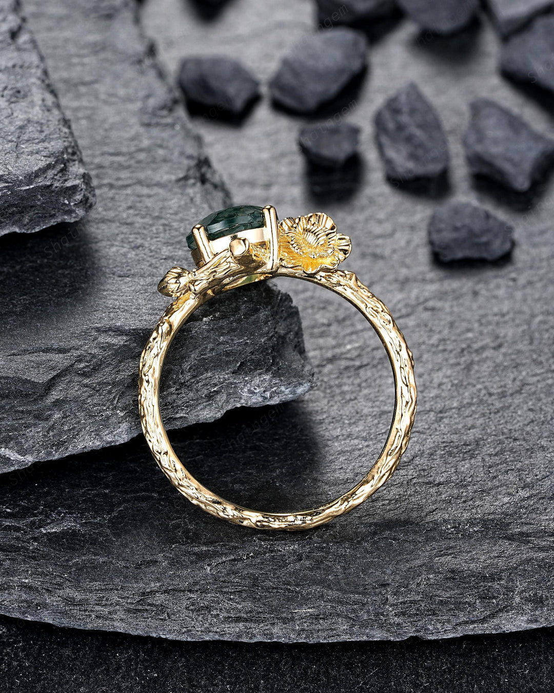 Yellow Gold Carnation January Flower Round Moss Agate Solitaire Engagement Ring Unique Nature Inspired Leaf Vine Promise Wedding Ring Gift - ShainJewelry
