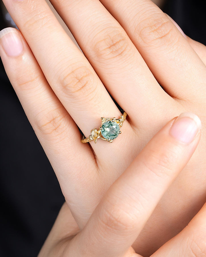 Yellow Gold Narcissus December Birth Flower Round Moss Agate Solitaire Engagement Ring Nature Inspired Leaf Vine Promise Wedding Ring Gift - ShainJewelry