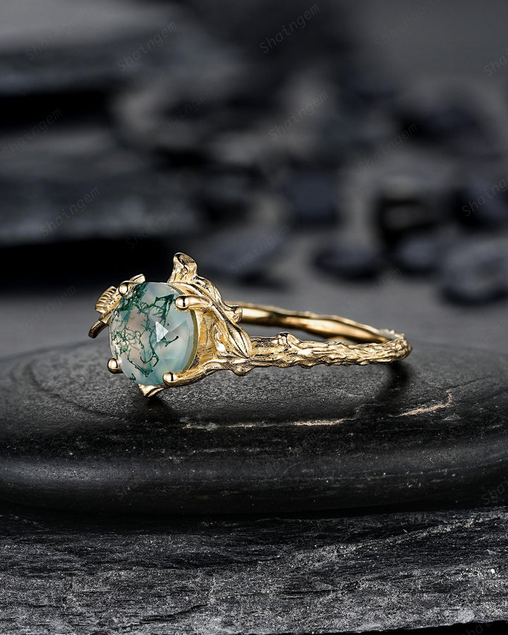 Yellow Gold Narcissus December Birth Flower Round Moss Agate Solitaire Engagement Ring Nature Inspired Leaf Vine Promise Wedding Ring Gift - ShainJewelry