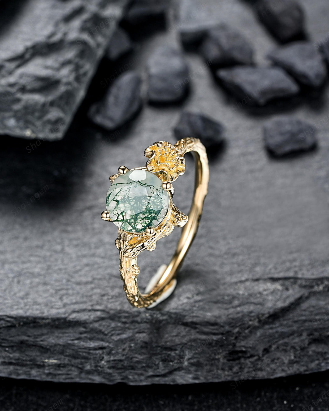 Yellow Gold Marigold October Birth Flower Round Moss Agate Solitaire Engagement Ring Nature Inspired Leaf Vine Promise Wedding Ring Woman - ShainJewelry