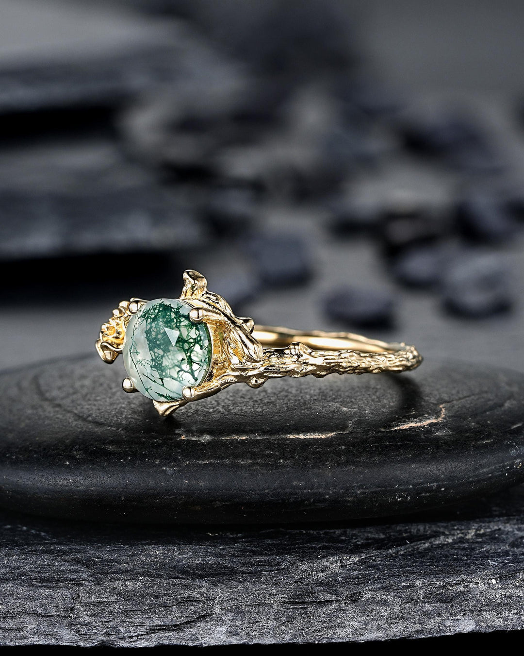 Yellow Gold Marigold October Birth Flower Round Moss Agate Solitaire Engagement Ring Nature Inspired Leaf Vine Promise Wedding Ring Woman - ShainJewelry