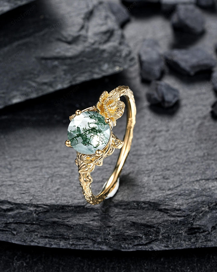 Yellow Gold Carnation January Flower Round Moss Agate Solitaire Engagement Ring Unique Nature Inspired Leaf Vine Promise Wedding Ring Gift - ShainJewelry