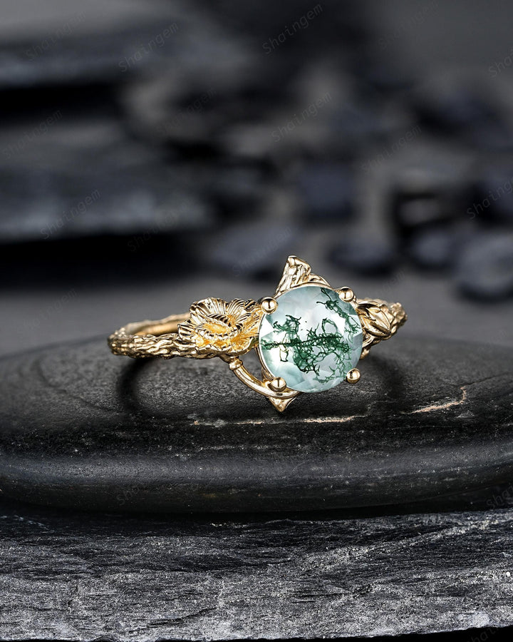 Yellow Gold Carnation January Flower Round Moss Agate Solitaire Engagement Ring Unique Nature Inspired Leaf Vine Promise Wedding Ring Gift - ShainJewelry