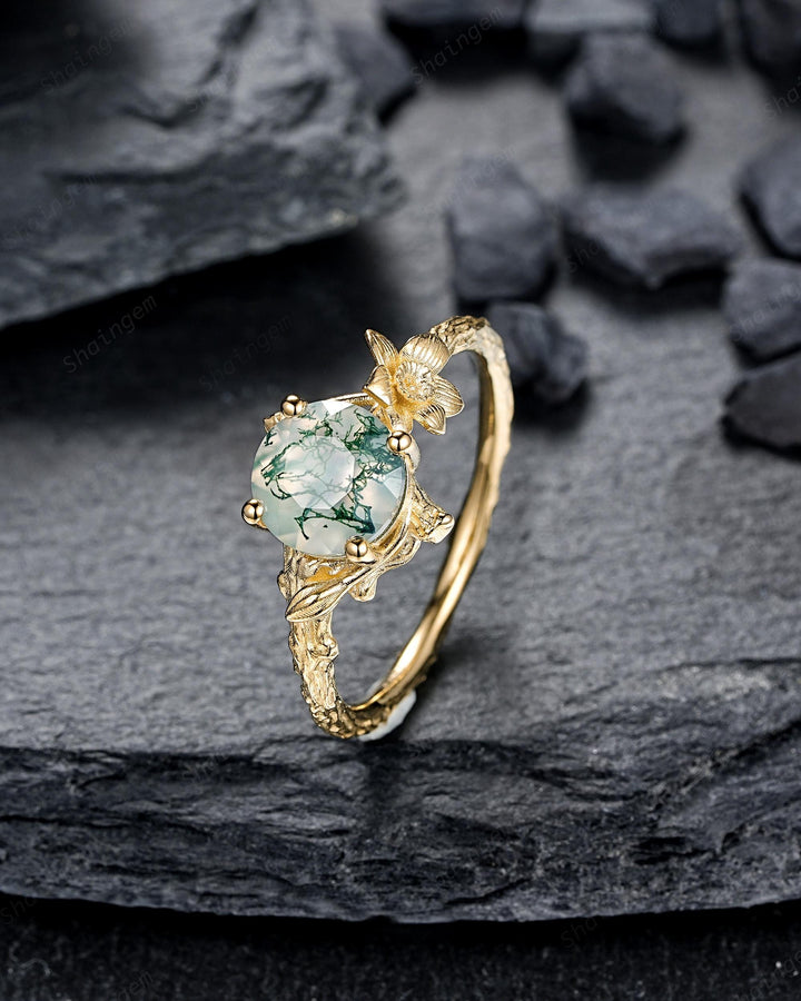 Yellow Gold Narcissus December Birth Flower Round Moss Agate Solitaire Engagement Ring Nature Inspired Leaf Vine Promise Wedding Ring Gift - ShainJewelry