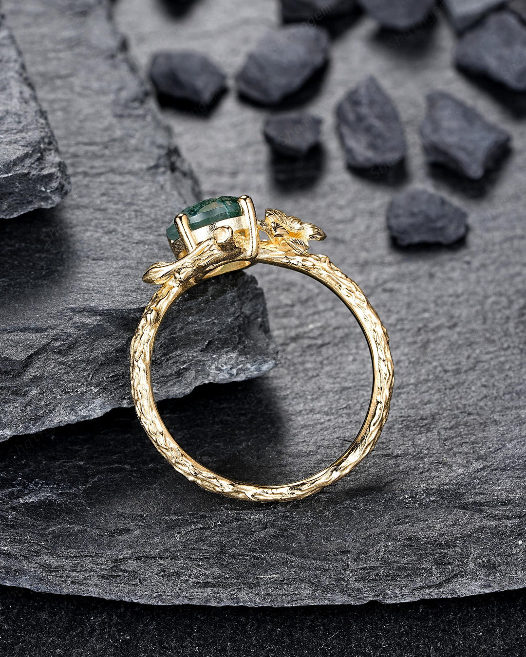 Yellow Gold Narcissus December Birth Flower Round Moss Agate Solitaire Engagement Ring Nature Inspired Leaf Vine Promise Wedding Ring Gift - ShainJewelry