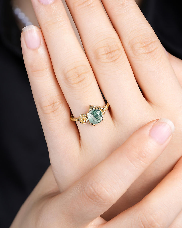 Yellow Gold Marigold October Birth Flower Round Moss Agate Solitaire Engagement Ring Nature Inspired Leaf Vine Promise Wedding Ring Woman - ShainJewelry