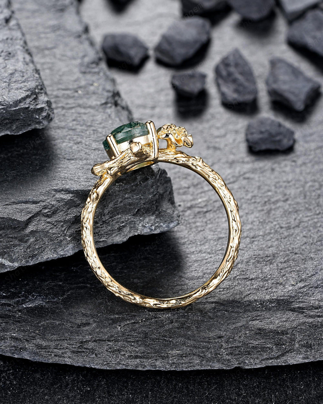 Yellow Gold Marigold October Birth Flower Round Moss Agate Solitaire Engagement Ring Nature Inspired Leaf Vine Promise Wedding Ring Woman - ShainJewelry