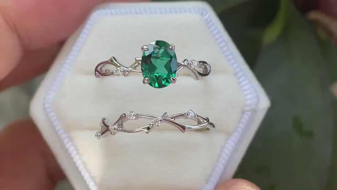 Platinum Oval Shape Emerald and Diamond Engagement Ring Set, White Gold Twig Branch Promise Ring, Silver Wedding Bridal Ring Set for Women - ShainJewelry