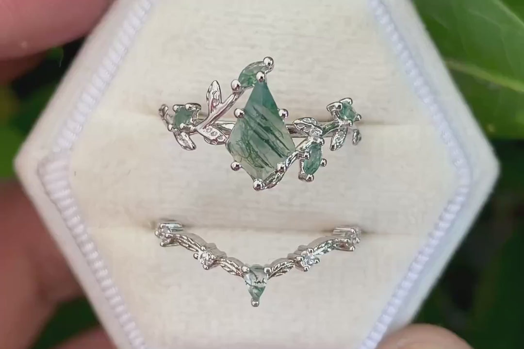 Platinum Kite Cut Moss Agate Leaf Engagement Ring Set, 14K White Gold Twig Branch Promise Wedding Ring, Silver 925 Vine Bridal Set For Women - ShainJewelry