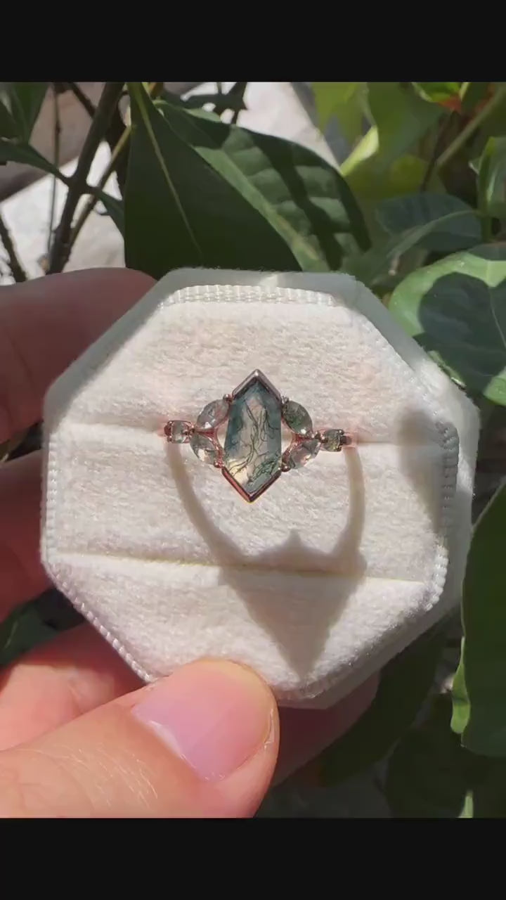 Vintage Shield Shape Moss Agate Ring, Rose Gold Hexagon Moss Agate Engagement Ring, Cluster Moss Agate Promise Wedding Anniversary Ring Gift - ShainJewelry