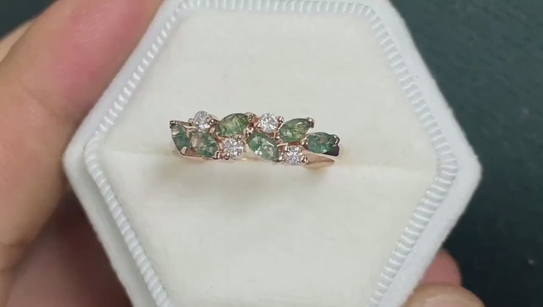 Nature Inspired Marquise Moss Agate Engagement Ring, Rose gold Matching Band, Half Eternity Wedding Band, Promise Ring Enhancer for Women - ShainJewelry