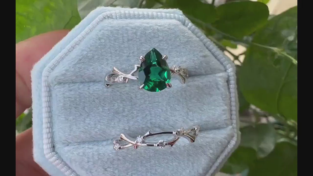 Platinum Pear Cut Emerald and Diamond Engagement Ring Set 14K White Gold Moissanite Branch Twig Promise Wedding Ring Bridal Set For Women - ShainJewelry