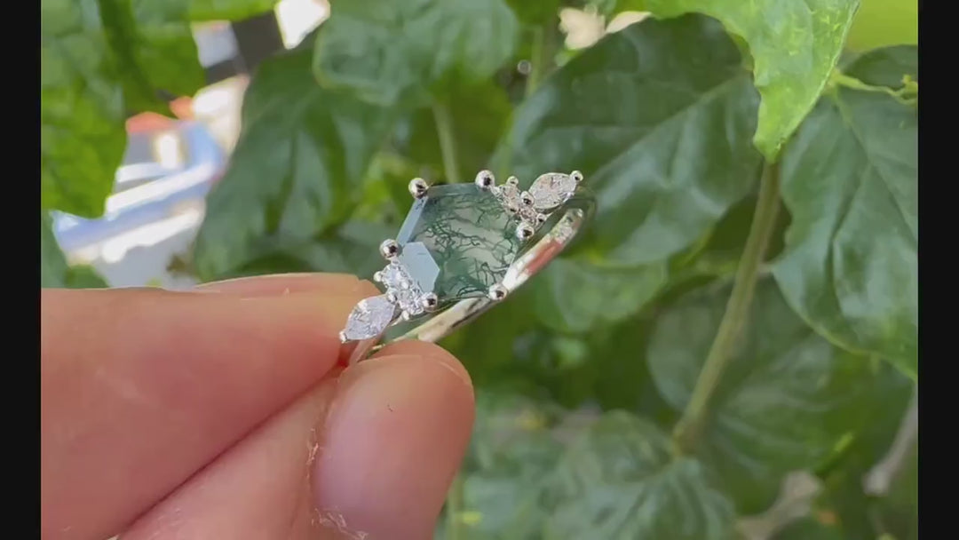 Unique Hexagon Moss Agate Engagement Ring, Vintage 14K White Gold 925 Sterling Silver Moss Agate Promise Ring, Art Deco Wedding Ring Gift - ShainJewelry