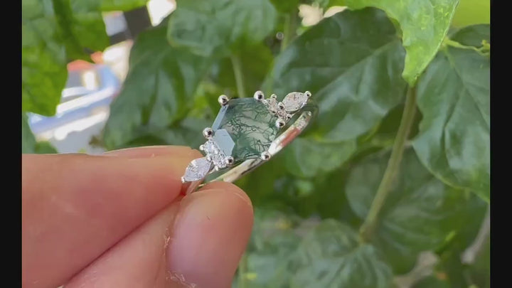 Unique Hexagon Moss Agate Engagement Ring, Vintage 14K White Gold 925 Sterling Silver Moss Agate Promise Ring, Art Deco Wedding Ring Gift - ShainJewelry