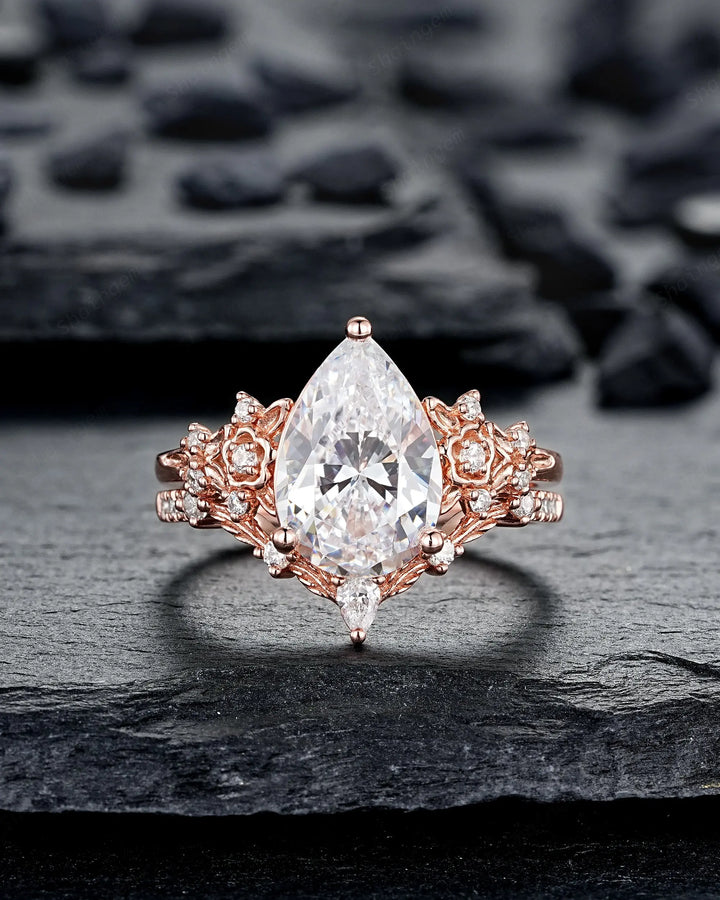 Vintage Pear Shape Moissanite Floral Engagement Ring Unique Rose Gold Twig Branch Vine Wedding Set Nature Inspired Promise Ring for Women her - ShainJewelry