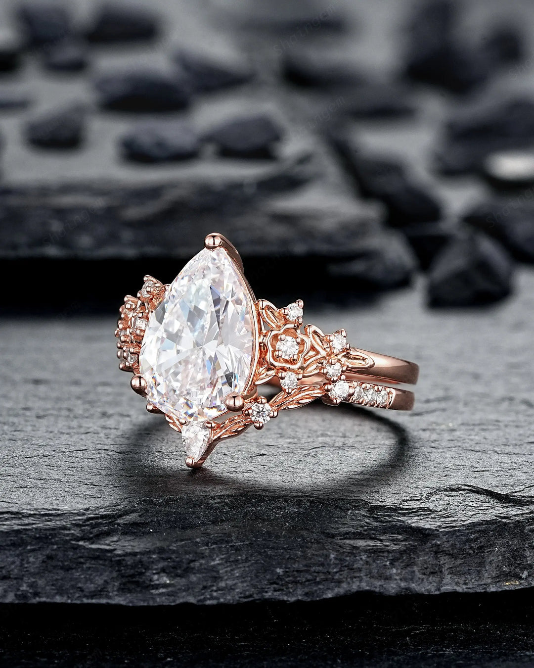Vintage Pear Shape Moissanite Floral Engagement Ring Unique Rose Gold Twig Branch Vine Wedding Set Nature Inspired Promise Ring for Women her - ShainJewelry