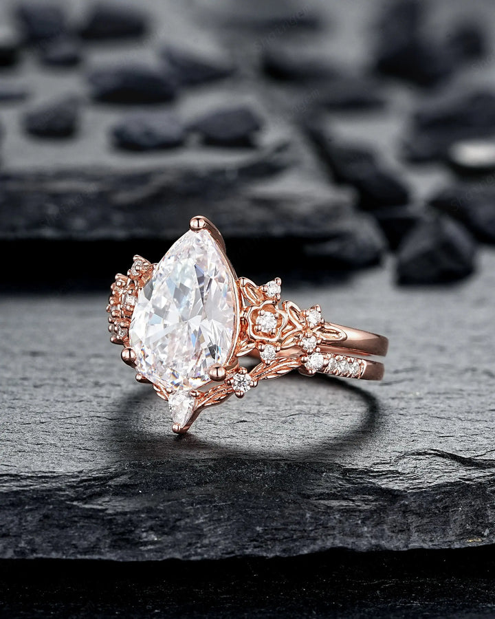 Vintage Pear Shape Moissanite Floral Engagement Ring Unique Rose Gold Twig Branch Vine Wedding Set Nature Inspired Promise Ring for Women her - ShainJewelry