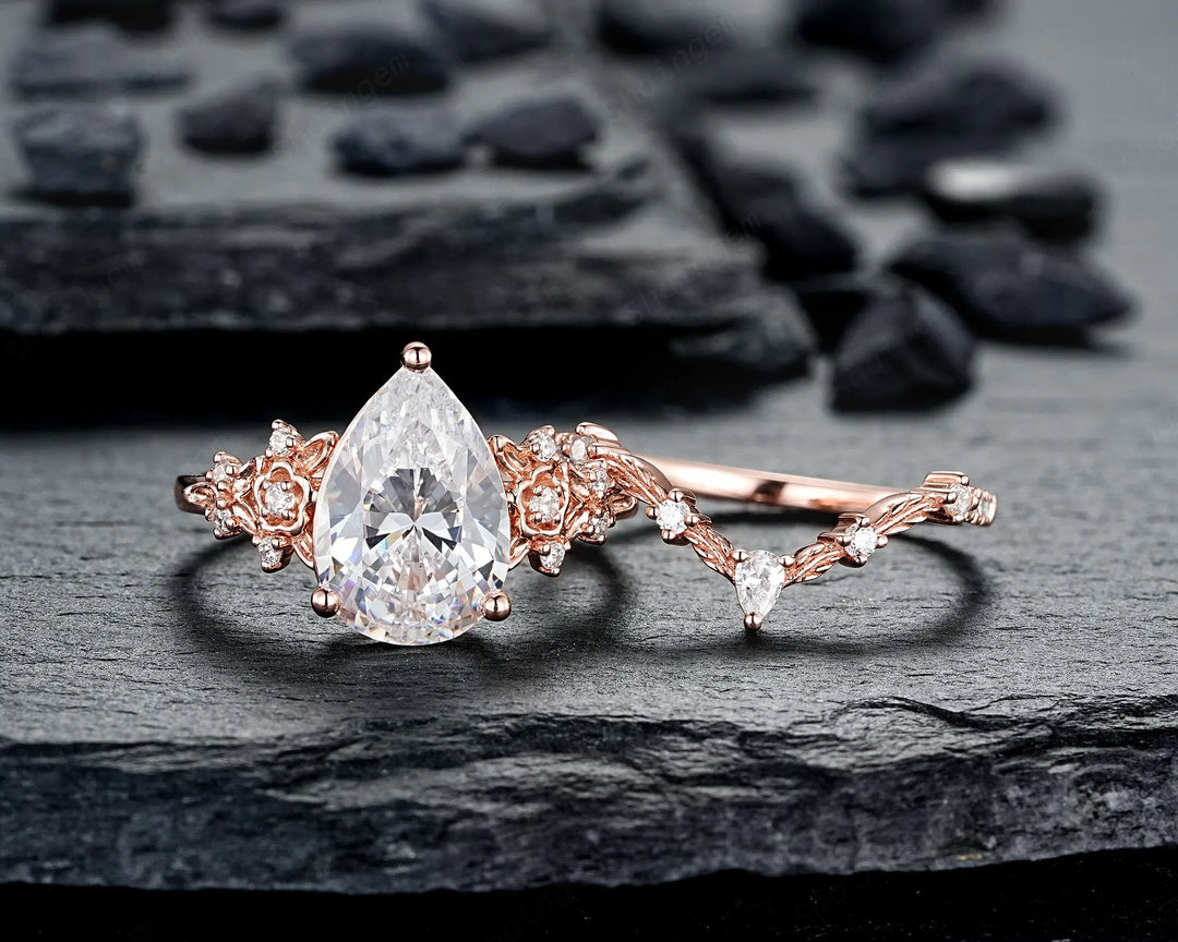 Vintage Pear Shape Moissanite Floral Engagement Ring Unique Rose Gold Twig Branch Vine Wedding Set Nature Inspired Promise Ring for Women her - ShainJewelry
