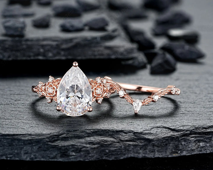 Vintage Pear Shape Moissanite Floral Engagement Ring Unique Rose Gold Twig Branch Vine Wedding Set Nature Inspired Promise Ring for Women her - ShainJewelry