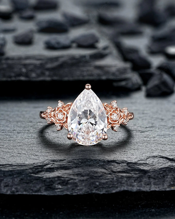 Vintage Pear Shape Moissanite Floral Engagement Ring Unique Rose Gold Twig Branch Vine Wedding Set Nature Inspired Promise Ring for Women her - ShainJewelry
