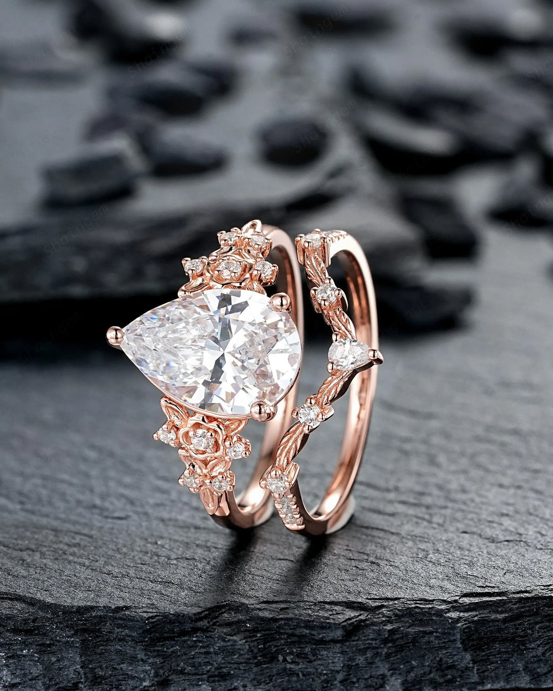 Vintage Pear Shape Moissanite Floral Engagement Ring Unique Rose Gold Twig Branch Vine Wedding Set Nature Inspired Promise Ring for Women her - ShainJewelry