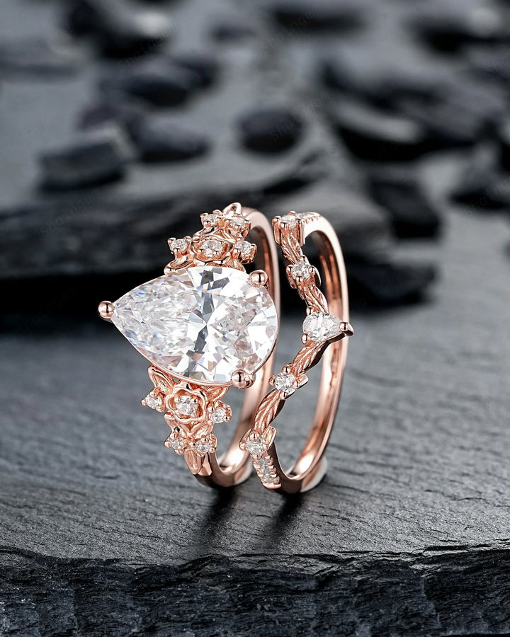 Vintage Pear Shape Moissanite Floral Engagement Ring Unique Rose Gold Twig Branch Vine Wedding Set Nature Inspired Promise Ring for Women her - ShainJewelry