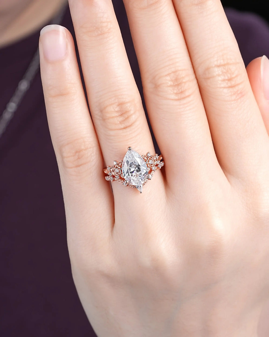 Vintage Pear Shape Moissanite Floral Engagement Ring Unique Rose Gold Twig Branch Vine Wedding Set Nature Inspired Promise Ring for Women her - ShainJewelry