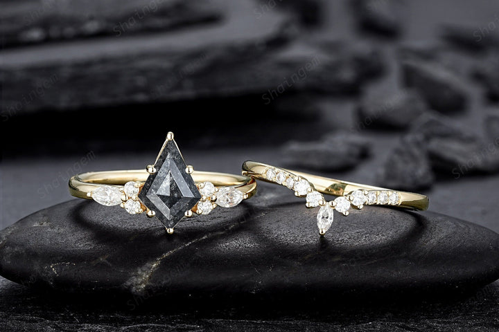 Natural Salt and Pepper Diamond Engagement Ring Set, 18K Yellow Gold Kite Cut Black Diamond Promise Ring, Gray Diamond Wedding Ring Gift - ShainJewelry