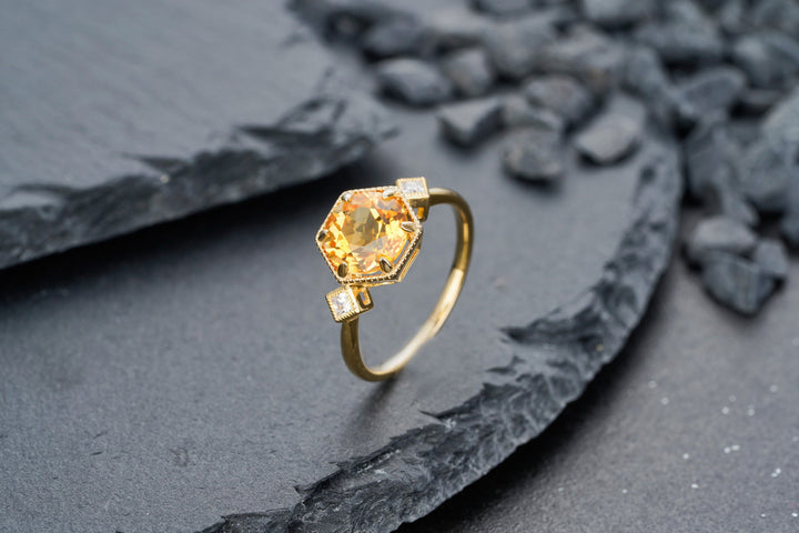Vintage Hexagonal Citrine Engagement Ring, 14K Yellow Gold November Birthstone Silver Promise Wedding Ring Anniversary Gift for Mom Women - ShainJewelry