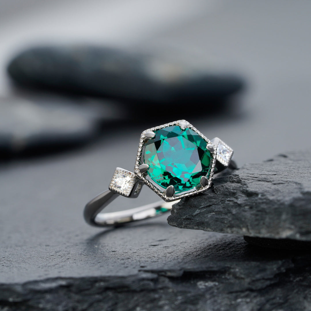 Hexagonal Emerald Engagement Ring, Vintage 2 CT Emerald Wedding Ring, Round Cut May Birthstone Anniversary Promise Ring, 14k White Gold Ring - ShainJewelry