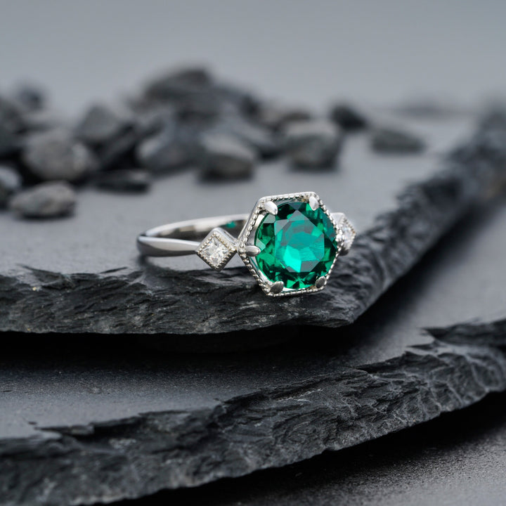 Hexagonal Emerald Engagement Ring, Vintage 2 CT Emerald Wedding Ring, Round Cut May Birthstone Anniversary Promise Ring, 14k White Gold Ring - ShainJewelry