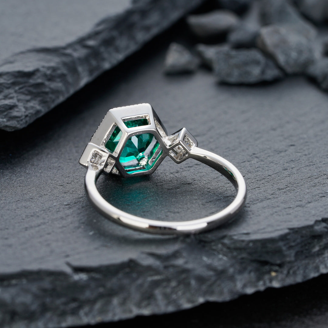 Hexagonal Emerald Engagement Ring, Vintage 2 CT Emerald Wedding Ring, Round Cut May Birthstone Anniversary Promise Ring, 14k White Gold Ring - ShainJewelry