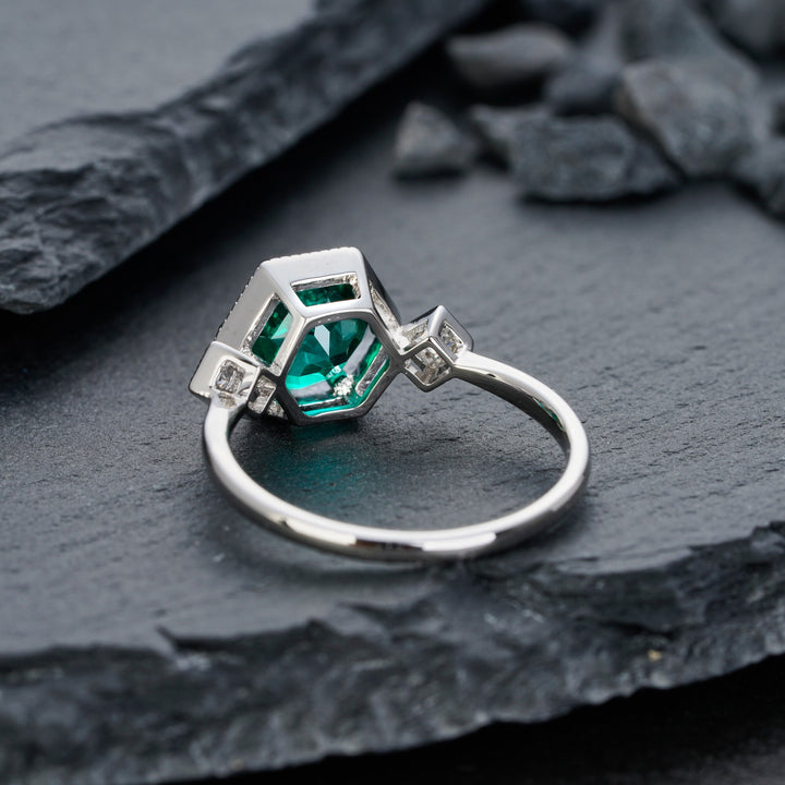 Hexagonal Emerald Engagement Ring, Vintage 2 CT Emerald Wedding Ring, Round Cut May Birthstone Anniversary Promise Ring, 14k White Gold Ring - ShainJewelry