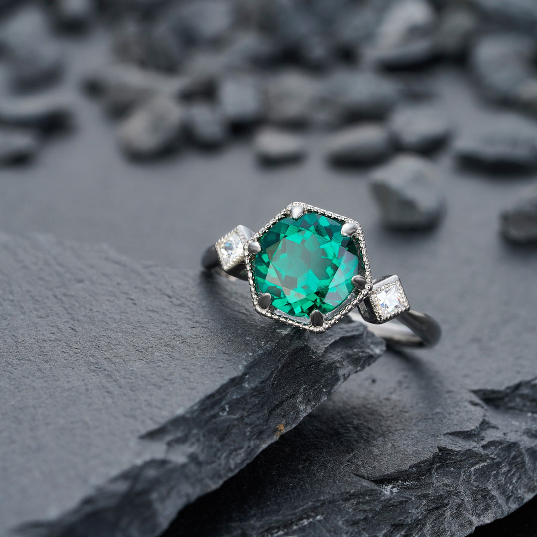 Hexagonal Emerald Engagement Ring, Vintage 2 CT Emerald Wedding Ring, Round Cut May Birthstone Anniversary Promise Ring, 14k White Gold Ring - ShainJewelry