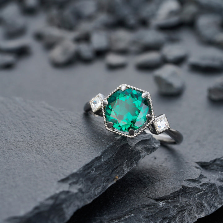 Hexagonal Emerald Engagement Ring, Vintage 2 CT Emerald Wedding Ring, Round Cut May Birthstone Anniversary Promise Ring, 14k White Gold Ring - ShainJewelry