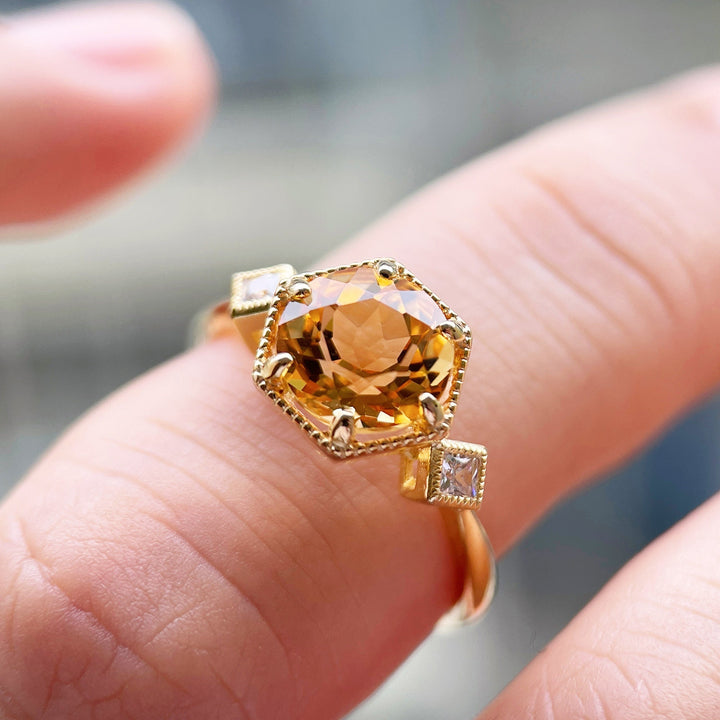 Vintage Hexagonal Citrine Engagement Ring, 14K Yellow Gold November Birthstone Silver Promise Wedding Ring Anniversary Gift for Mom Women - ShainJewelry