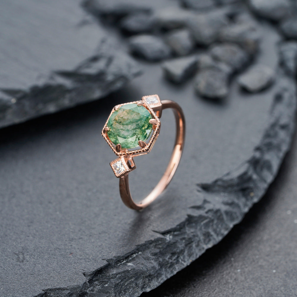 Vintage Moss Agate Engagement Ring, Sterling Silver Moss Agate Anniversary Promise Ring,14K Rose Gold Unique Agate Wedding Ring for Women - ShainJewelry