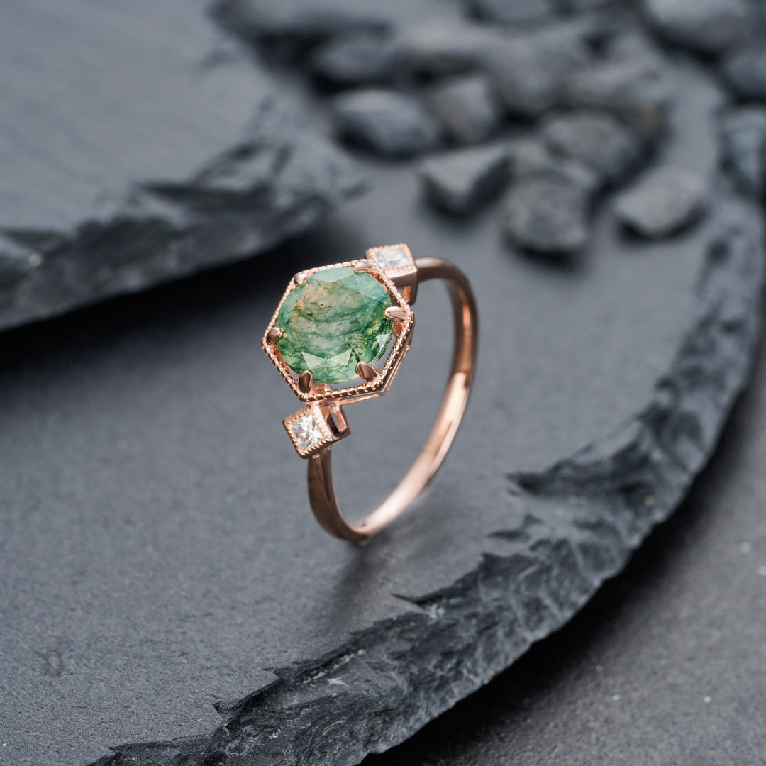 Vintage Moss Agate Engagement Ring, Sterling Silver Moss Agate Anniversary Promise Ring,14K Rose Gold Unique Agate Wedding Ring for Women - ShainJewelry