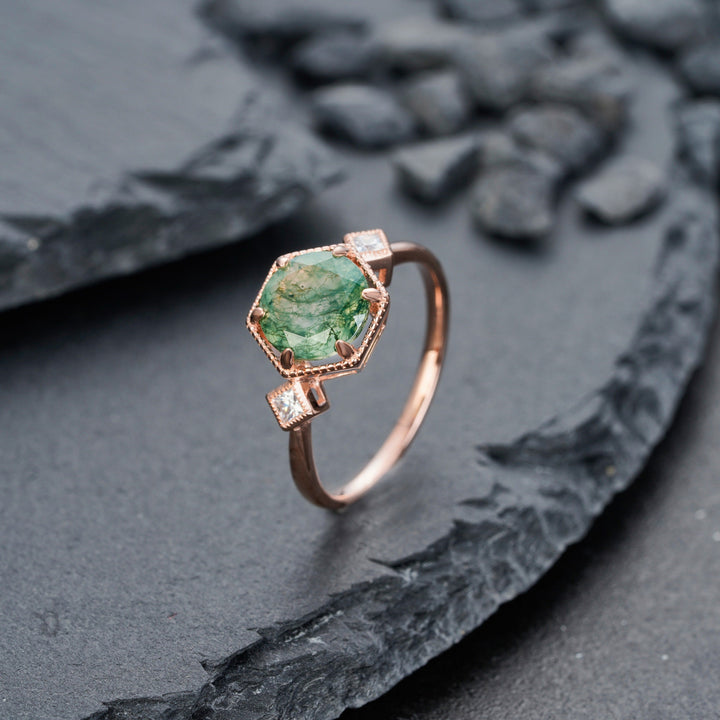Vintage Moss Agate Engagement Ring, Sterling Silver Moss Agate Anniversary Promise Ring,14K Rose Gold Unique Agate Wedding Ring for Women - ShainJewelry