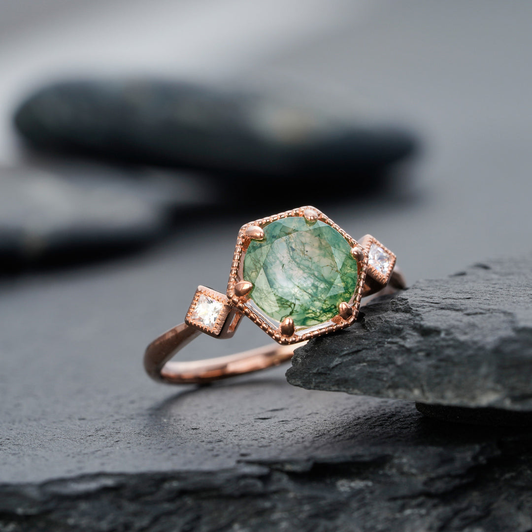 Vintage Moss Agate Engagement Ring, Sterling Silver Moss Agate Anniversary Promise Ring,14K Rose Gold Unique Agate Wedding Ring for Women - ShainJewelry