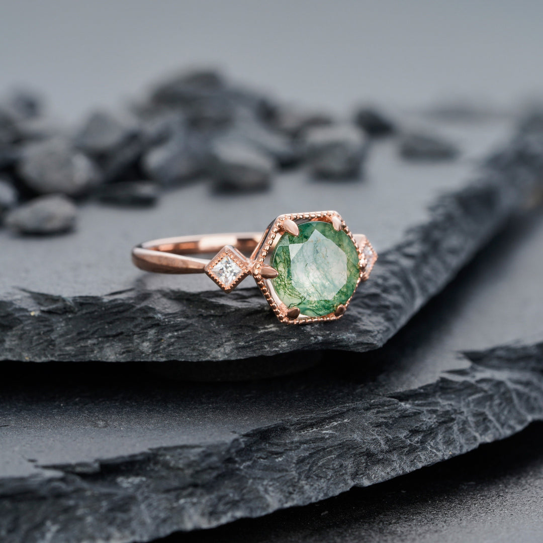 Vintage Moss Agate Engagement Ring, Sterling Silver Moss Agate Anniversary Promise Ring,14K Rose Gold Unique Agate Wedding Ring for Women - ShainJewelry