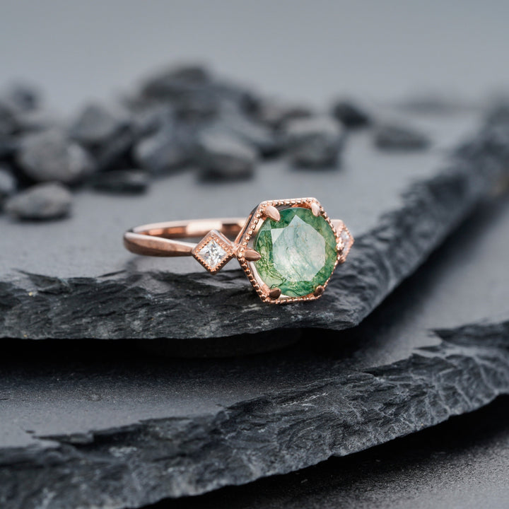 Vintage Moss Agate Engagement Ring, Sterling Silver Moss Agate Anniversary Promise Ring,14K Rose Gold Unique Agate Wedding Ring for Women - ShainJewelry