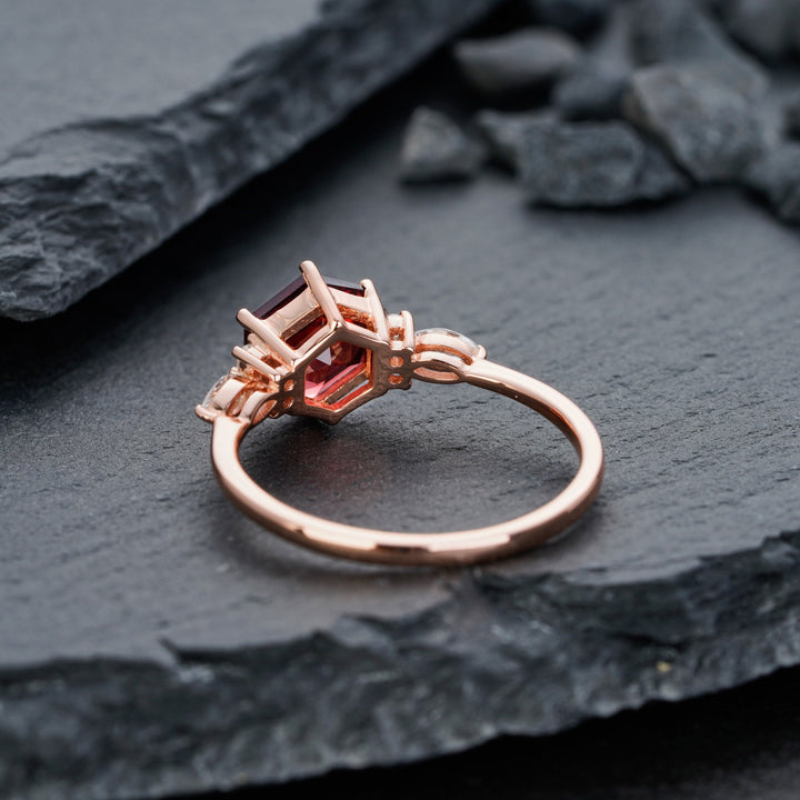 Hexagon Red Garnet Engagement Ring, Vintage Garnet and Diamond Ring 14K Rose Gold Garnet Ring,Dainty Garnet Anniversary Promise Ring for Her - ShainJewelry