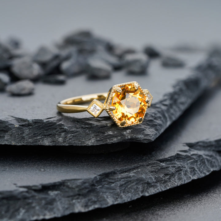 Vintage Hexagonal Citrine Engagement Ring, 14K Yellow Gold November Birthstone Silver Promise Wedding Ring Anniversary Gift for Mom Women - ShainJewelry