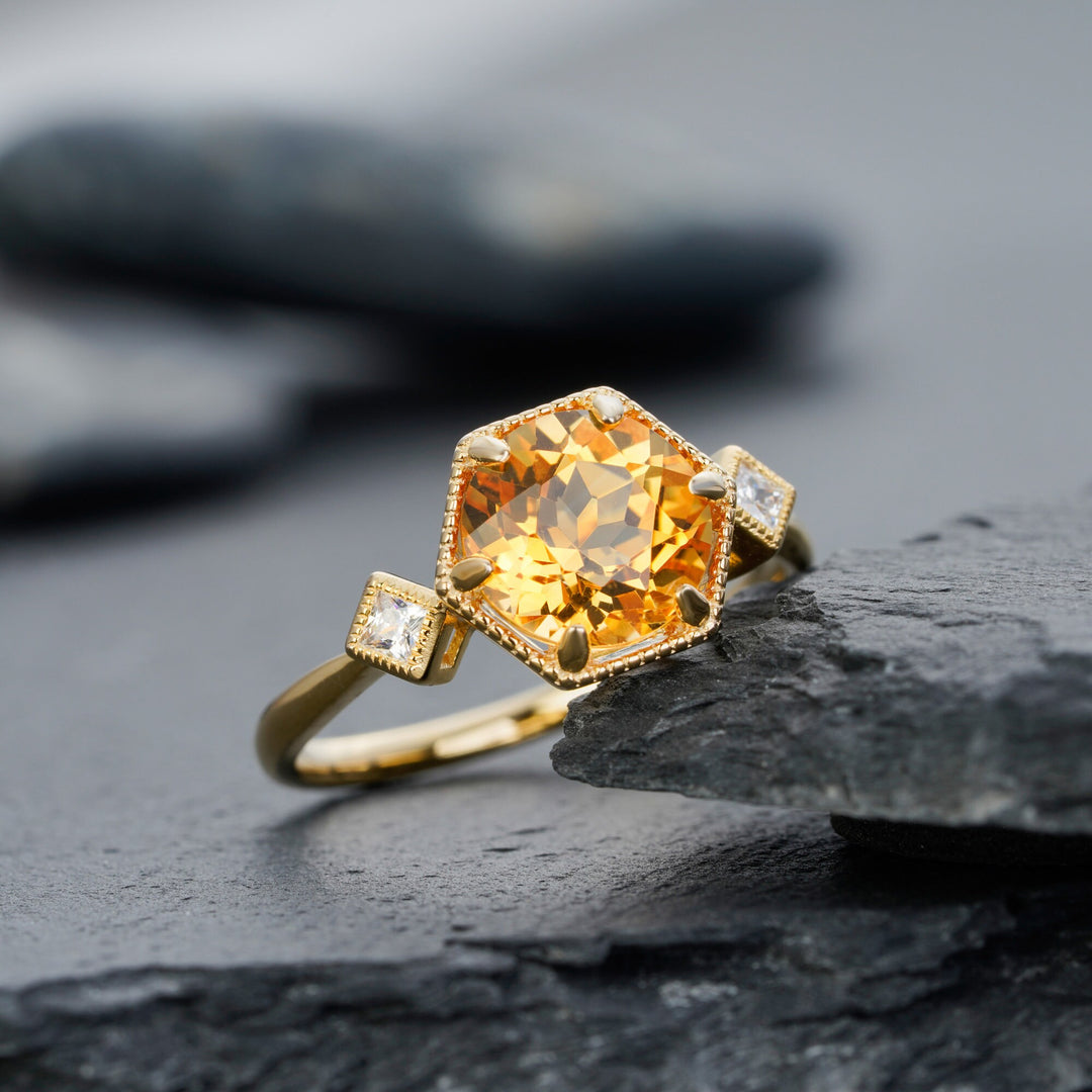 Vintage Hexagonal Citrine Engagement Ring, 14K Yellow Gold November Birthstone Silver Promise Wedding Ring Anniversary Gift for Mom Women - ShainJewelry