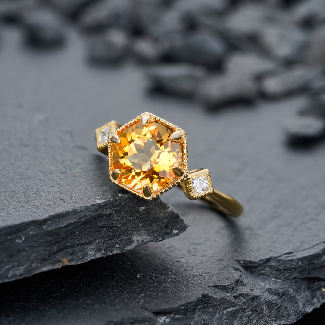 Vintage Hexagonal Citrine Engagement Ring, 14K Yellow Gold November Birthstone Silver Promise Wedding Ring Anniversary Gift for Mom Women - ShainJewelry