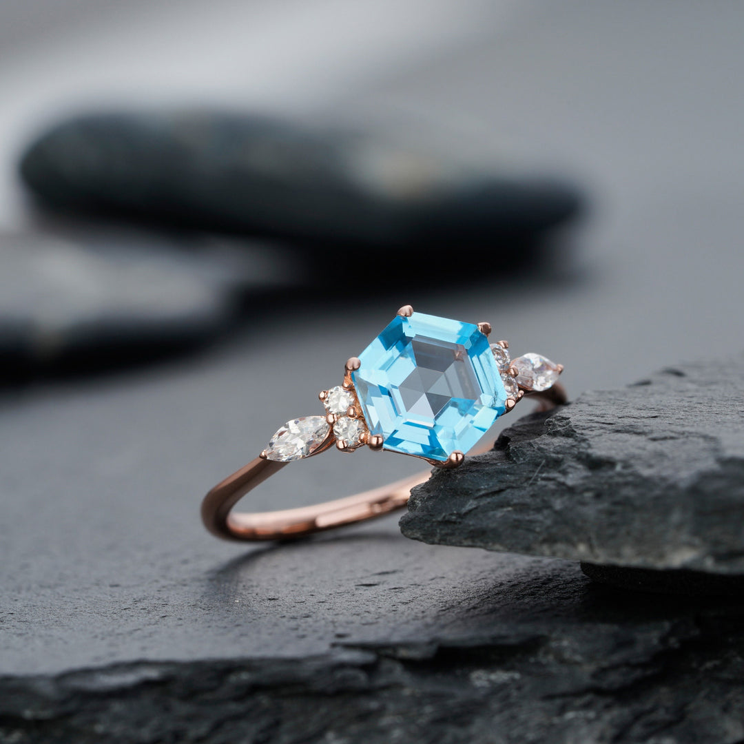 Vintage Hexagon Swiss Blue Topaz Engagement Ring 14k Rose White Gold or Sterling Silver Anniversary Promise Wedding Ring Gift For Women - ShainJewelry