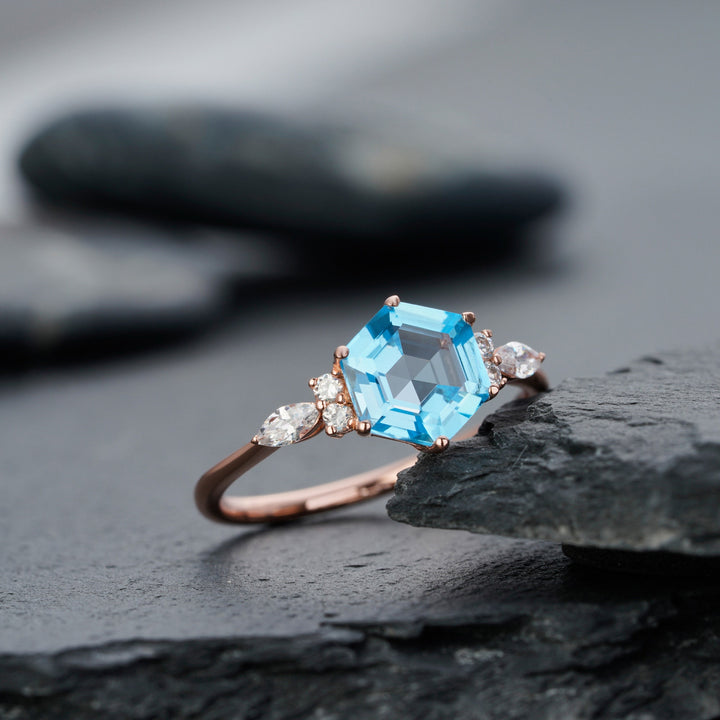 Vintage Hexagon Swiss Blue Topaz Engagement Ring 14k Rose White Gold or Sterling Silver Anniversary Promise Wedding Ring Gift For Women - ShainJewelry