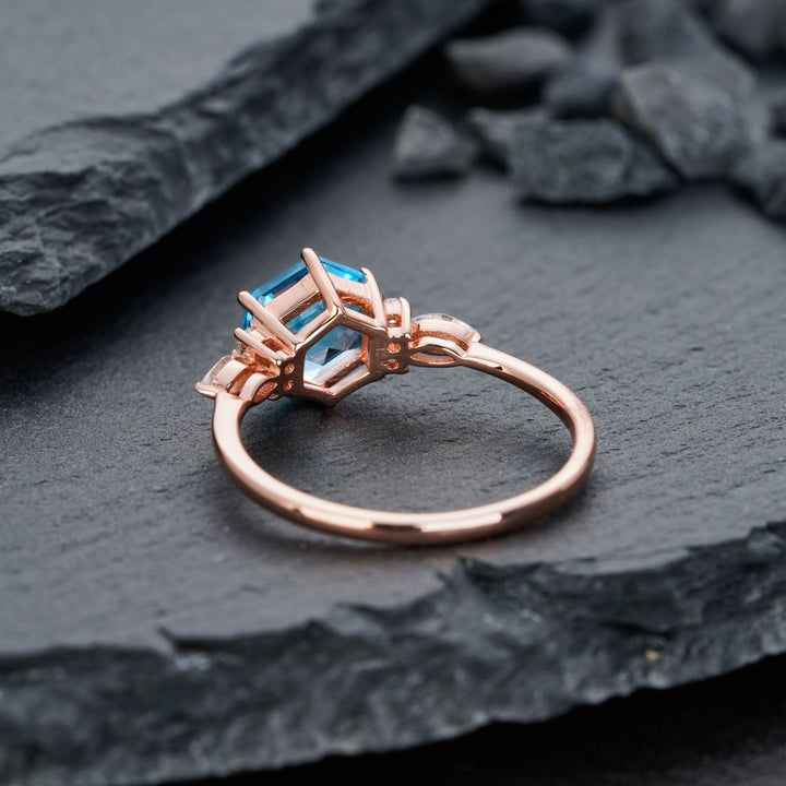 Vintage Hexagon Swiss Blue Topaz Engagement Ring 14k Rose White Gold or Sterling Silver Anniversary Promise Wedding Ring Gift For Women - ShainJewelry