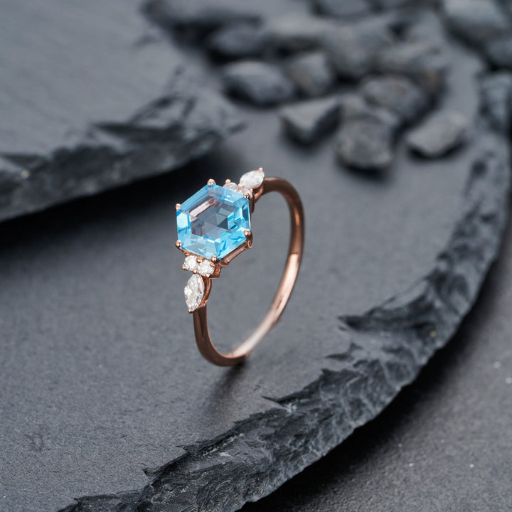 Vintage Hexagon Swiss Blue Topaz Engagement Ring 14k Rose White Gold or Sterling Silver Anniversary Promise Wedding Ring Gift For Women - ShainJewelry